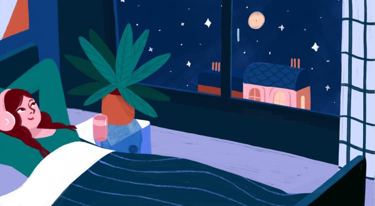 Illustration d'une femme allongée dans un lit écoutant la musique